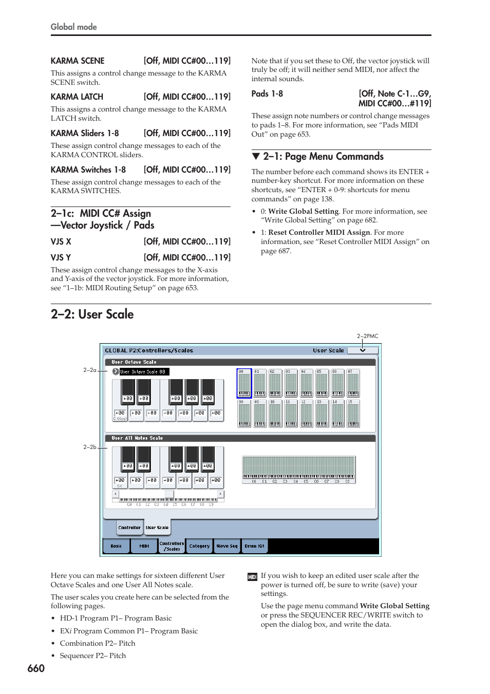 1c: midi cc# assign -vector joystick / pads, 2: user scale, 2–2: user scale | 2–1c: midi cc# assign —vector joystick / pads, 2–1: page menu commands | KORG Electronic Keyboard User Manual | Page 670 / 1127