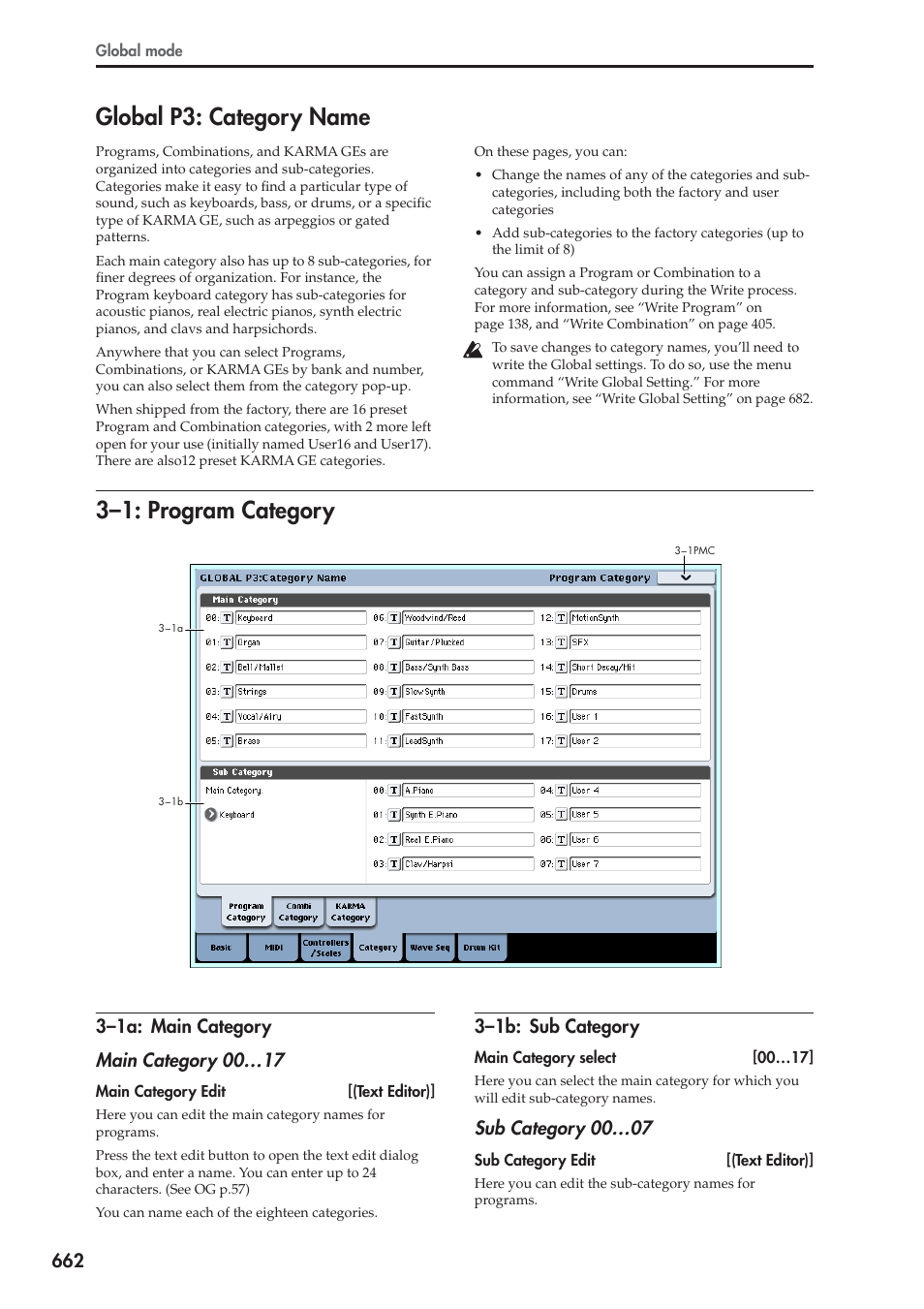 Global p3: category name, 1: program category, 1a: main category | 1b: sub category, 3–1: program category, 3–1b: sub category, Sub category 00…07 | KORG Electronic Keyboard User Manual | Page 672 / 1127