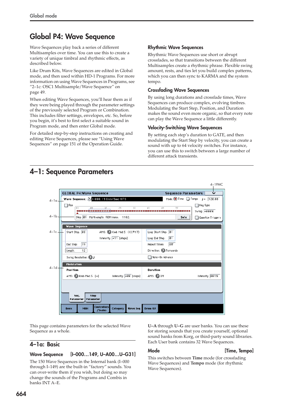 Global p4: wave sequence, 1: sequence parameters, 1a: basic | 4–1: sequence parameters, 4–1a: basic | KORG Electronic Keyboard User Manual | Page 674 / 1127