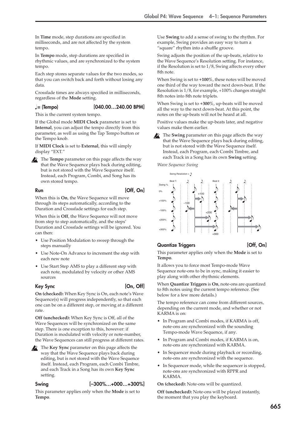 Global p4: wave sequence 4–1: sequence parameters, Run [off, on, Key sync [on, off | Quantize triggers [off, on | KORG Electronic Keyboard User Manual | Page 675 / 1127