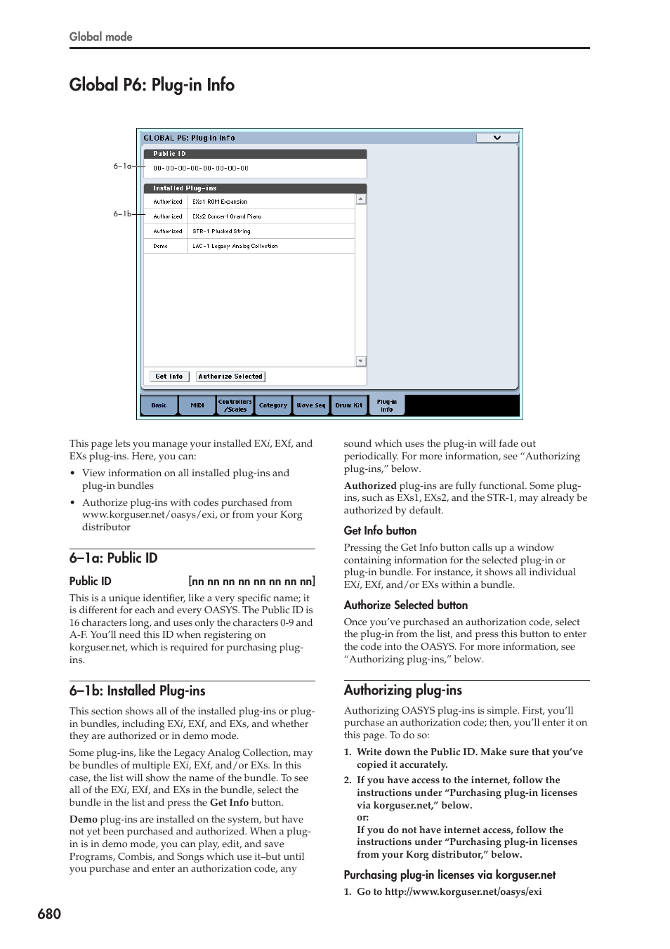 Global p6: plug-in info, 1a: public id, 1b: installed plug-ins | Authorizing plug-ins, 6–1a: public id, 6–1b: installed plug-ins | KORG Electronic Keyboard User Manual | Page 690 / 1127