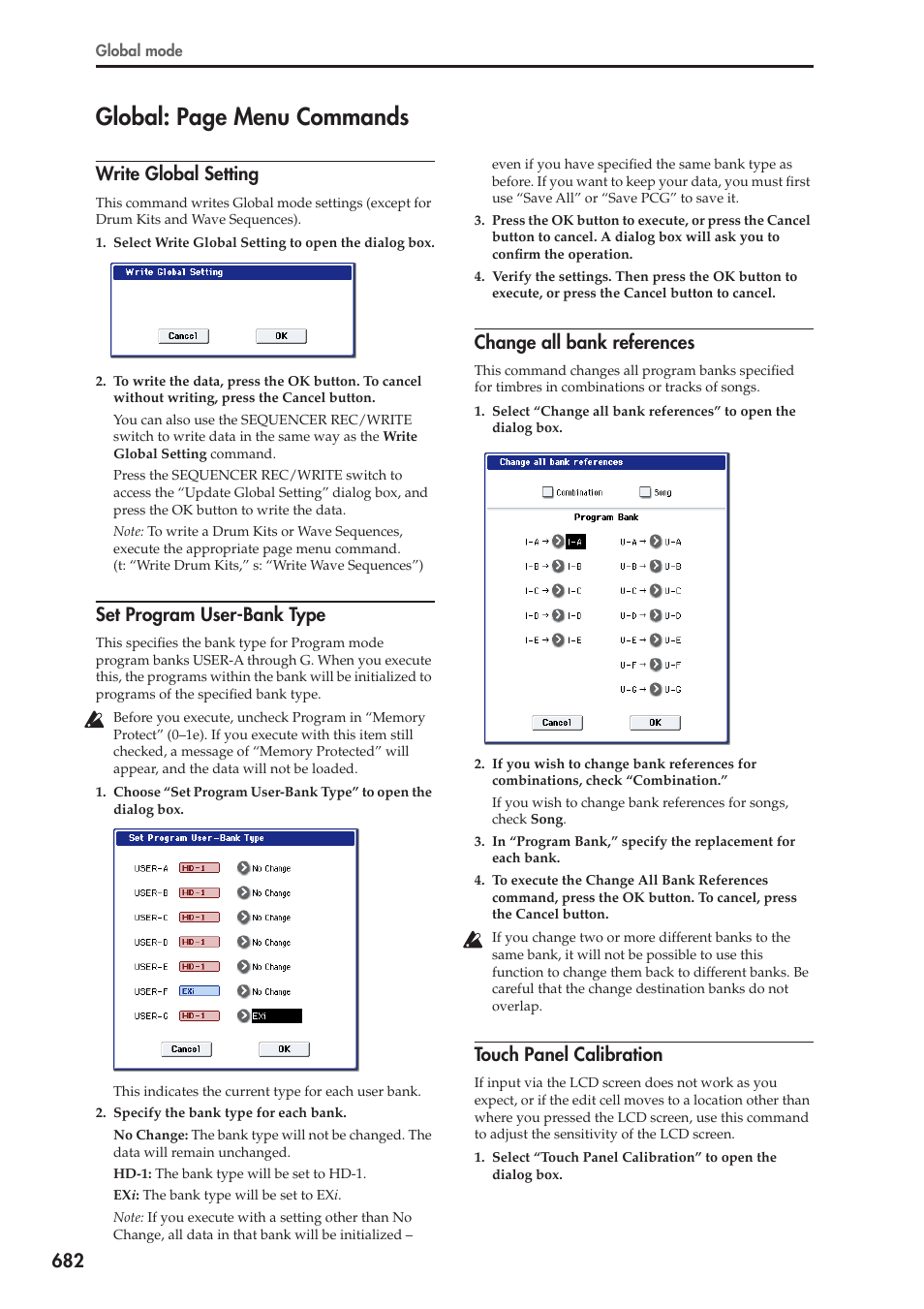 Write global setting, Set program user-bank type, Change all bank references | Touch panel calibration, Global: page menu commands | KORG Electronic Keyboard User Manual | Page 692 / 1127
