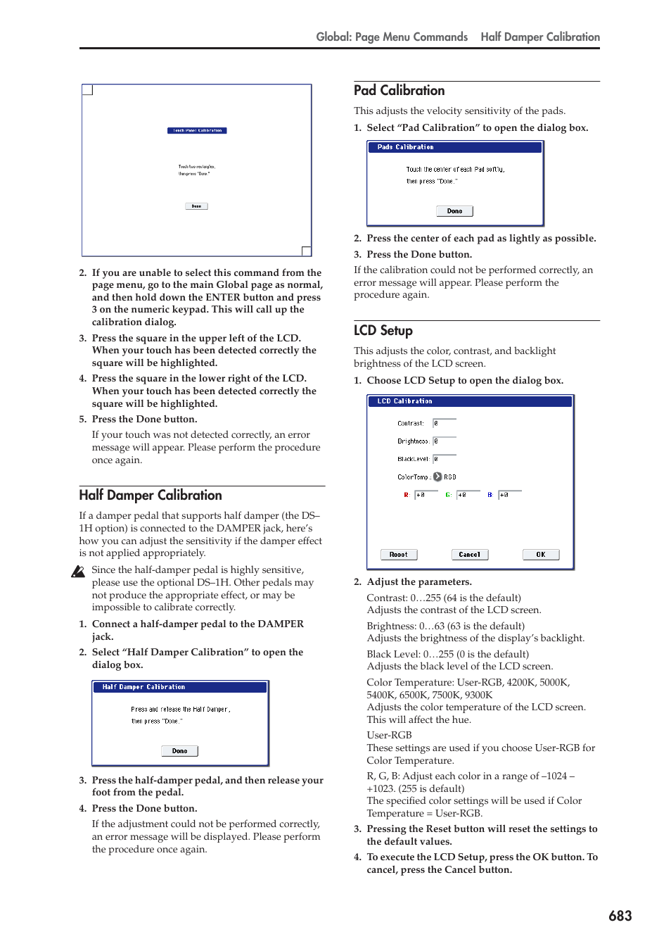 Half damper calibration, Pad calibration, Lcd setup | For more information, see “pad, For more information, see “lcd | KORG Electronic Keyboard User Manual | Page 693 / 1127