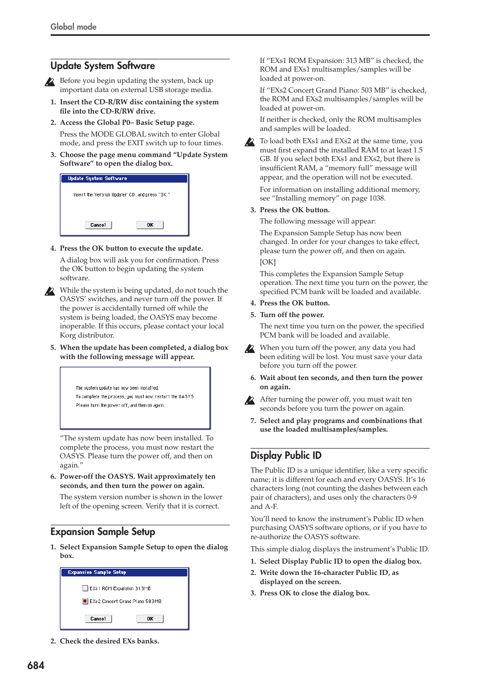 Update system software, Expansion sample setup, Display public id | 684 update system software | KORG Electronic Keyboard User Manual | Page 694 / 1127