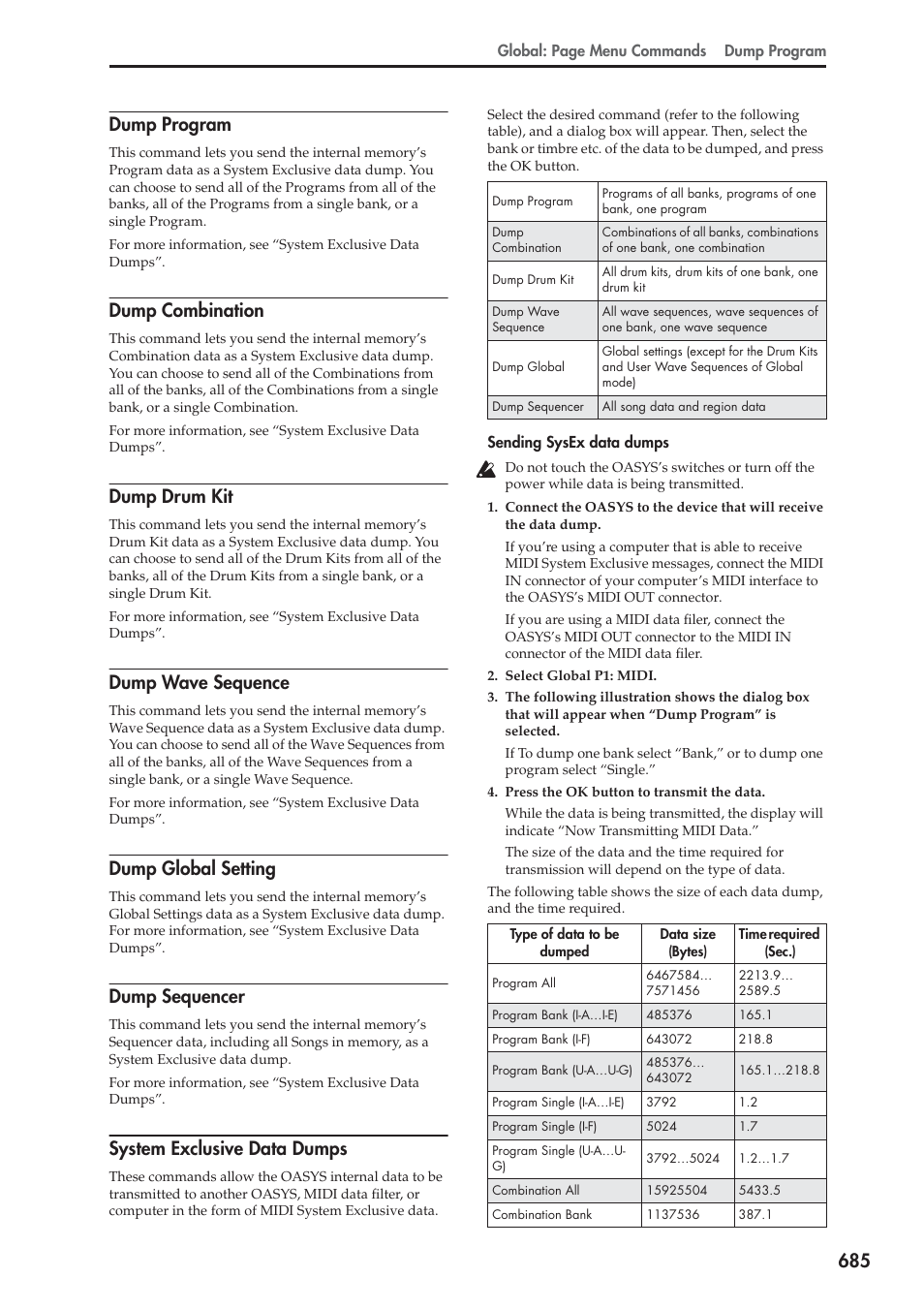 Dump program, Dump combination, Dump drum kit | Dump wave sequence, Dump global setting, Dump sequencer, System exclusive data dumps, 685 dump program | KORG Electronic Keyboard User Manual | Page 695 / 1127