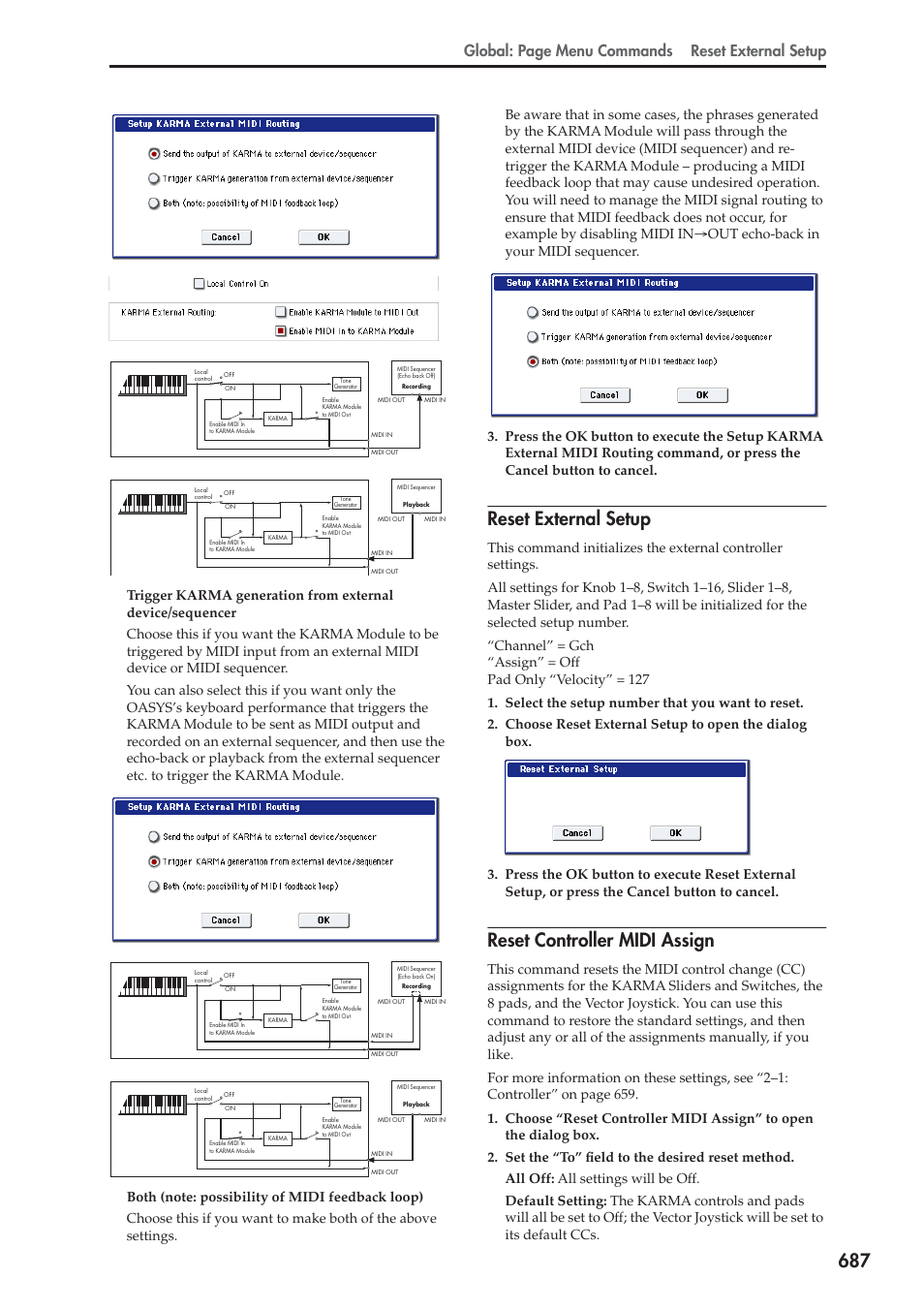 Reset external setup, Reset controller midi assign, Global: page menu commands reset external setup | KORG Electronic Keyboard User Manual | Page 697 / 1127