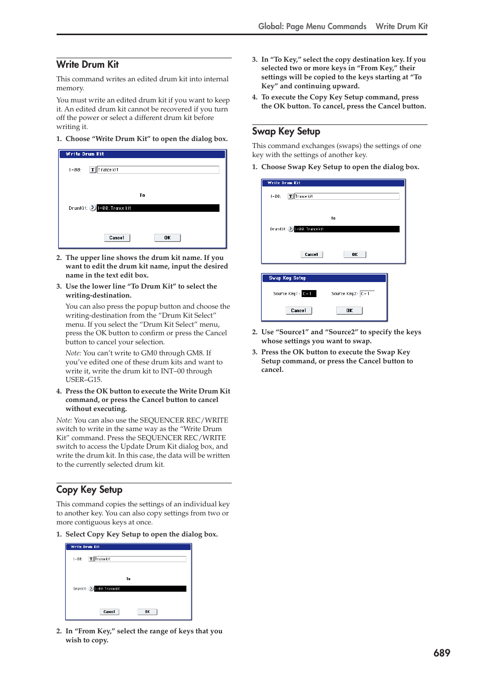 Write drum kit, Copy key setup, Swap key setup | 689 write drum kit | KORG Electronic Keyboard User Manual | Page 699 / 1127