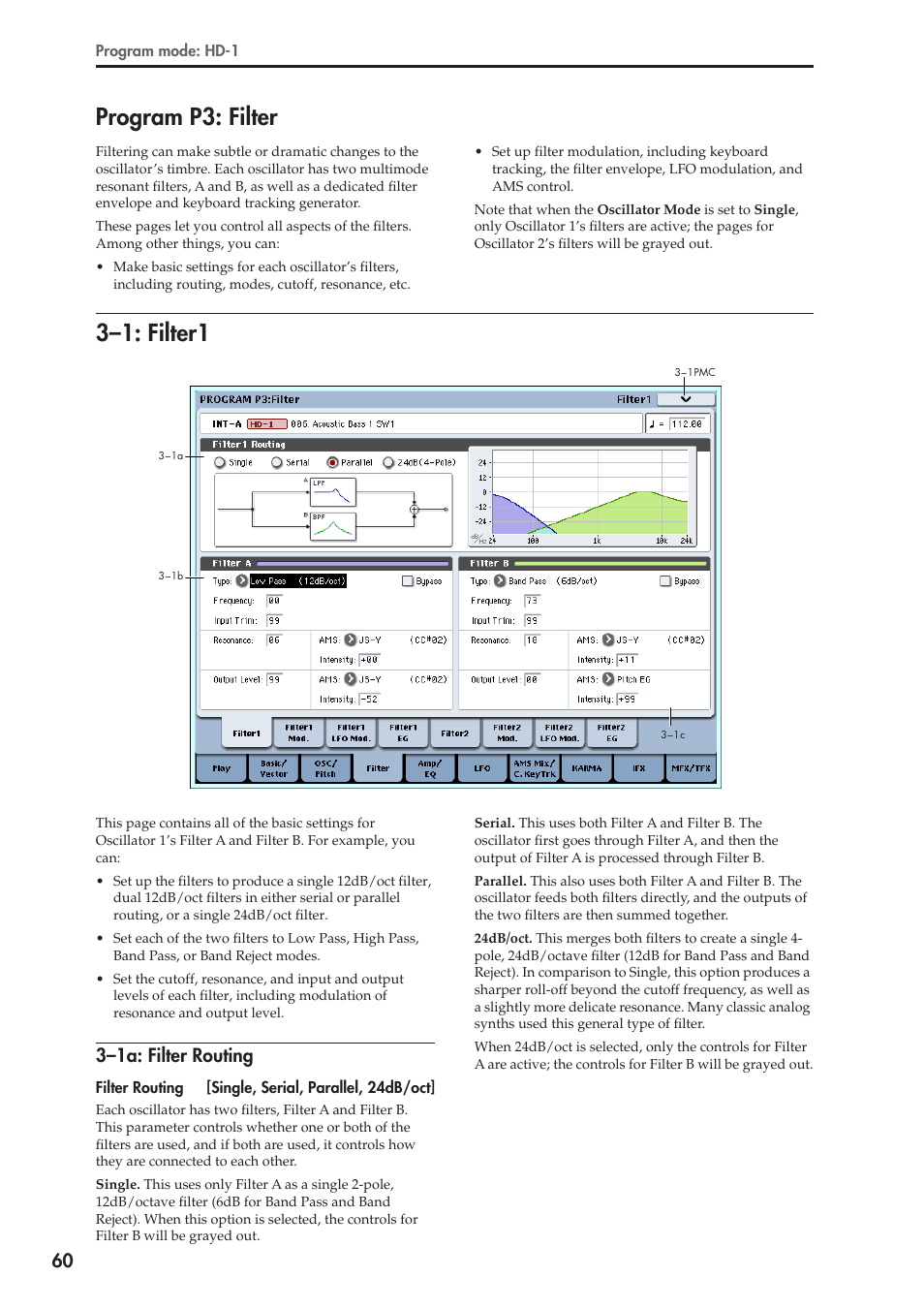 Program p3: filter, 1: filter1, 1a: filter routing | 3–1: filter1, 3–1a: filter routing | KORG Electronic Keyboard User Manual | Page 70 / 1127