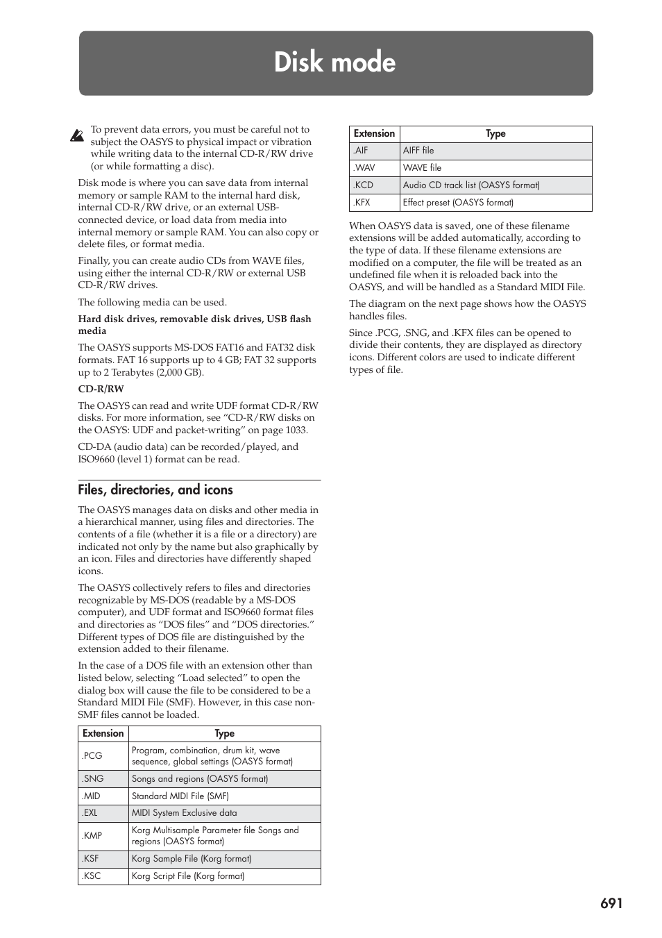 Disk mode, Files, directories, and icons | KORG Electronic Keyboard User Manual | Page 701 / 1127