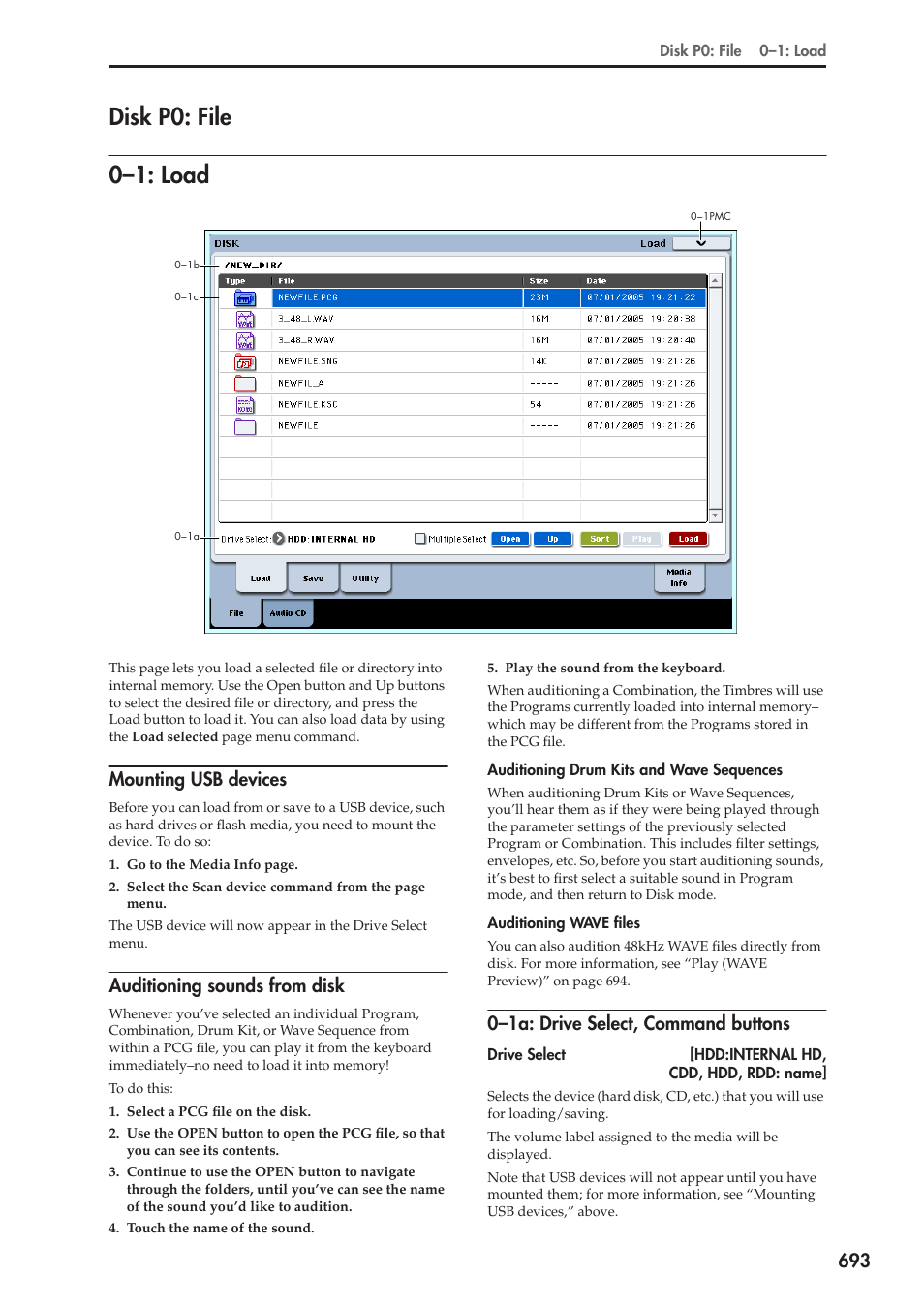 Disk p0: file, 1: load, Mounting usb devices | Auditioning sounds from disk, 1a: drive select, command buttons, 0–1: load, Disk p0: file 0–1: load, 0–1a: drive select, command buttons | KORG Electronic Keyboard User Manual | Page 703 / 1127