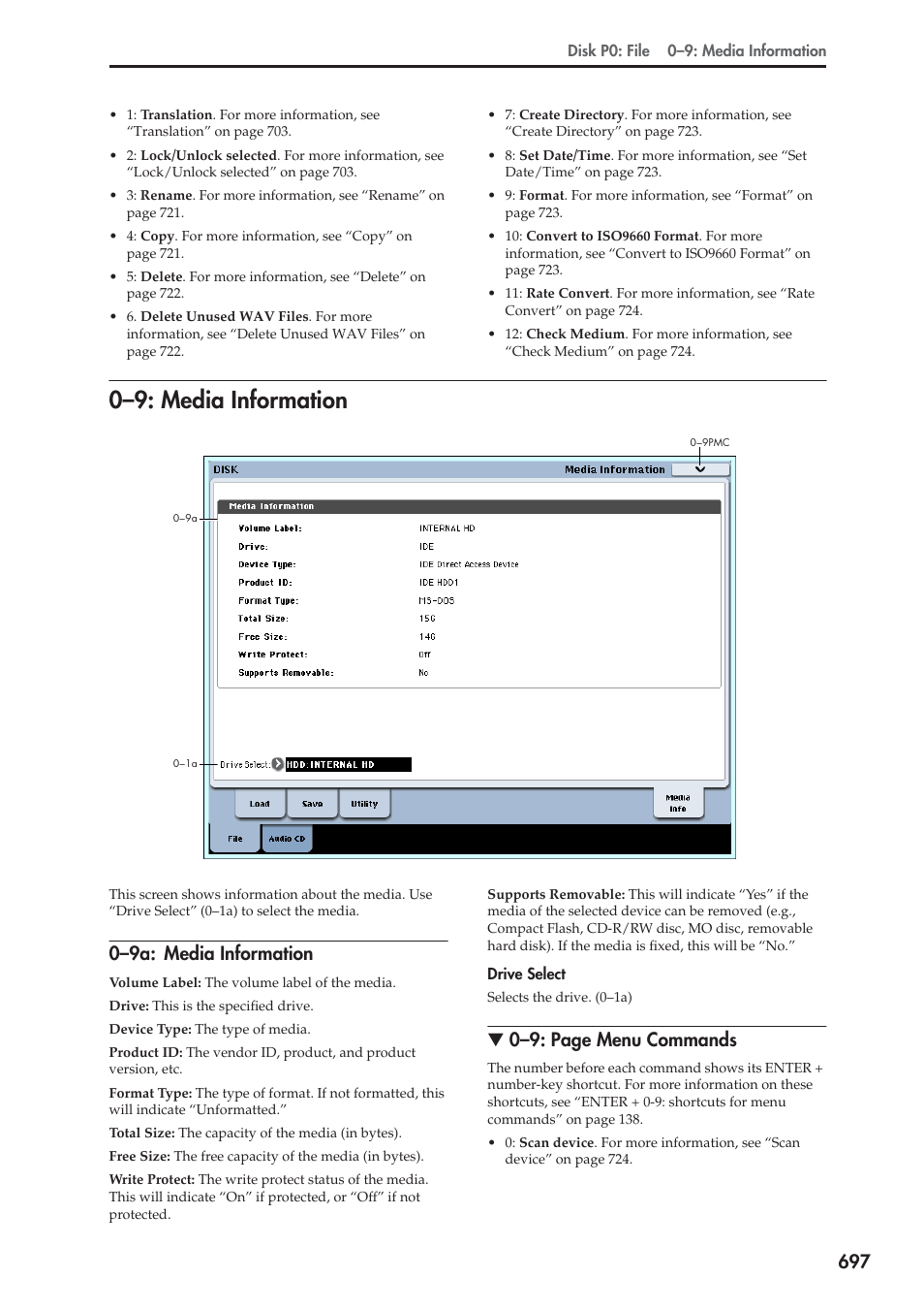 9: media information, 9a: media information, 0–9: media information | 0–9a: media information, 0–9: page menu commands | KORG Electronic Keyboard User Manual | Page 707 / 1127