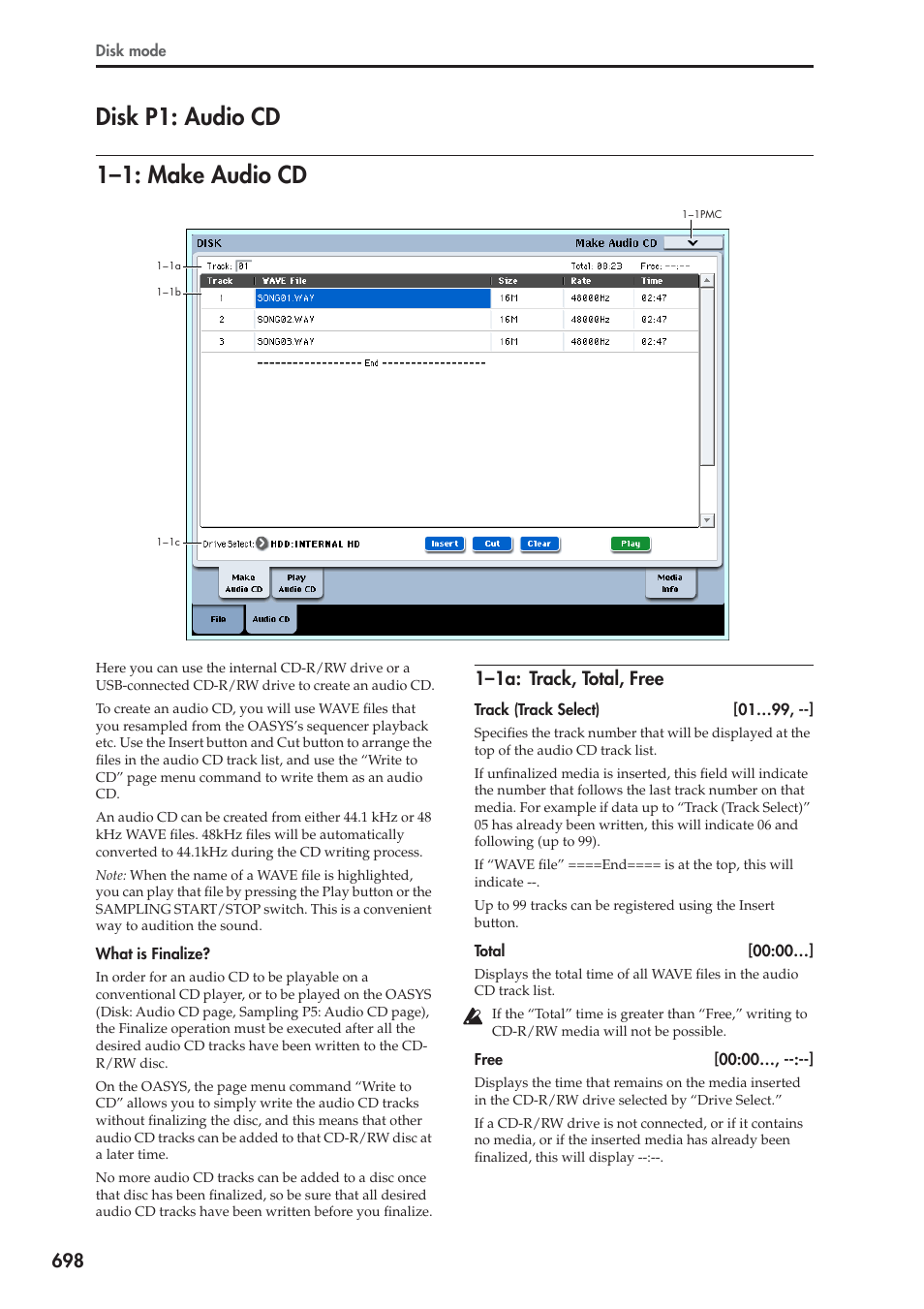 Disk p1: audio cd, 1: make audio cd, 1a: track, total, free | 1–1: make audio cd, Disk p1: audio cd 1–1: make audio cd, 1–1a: track, total, free | KORG Electronic Keyboard User Manual | Page 708 / 1127