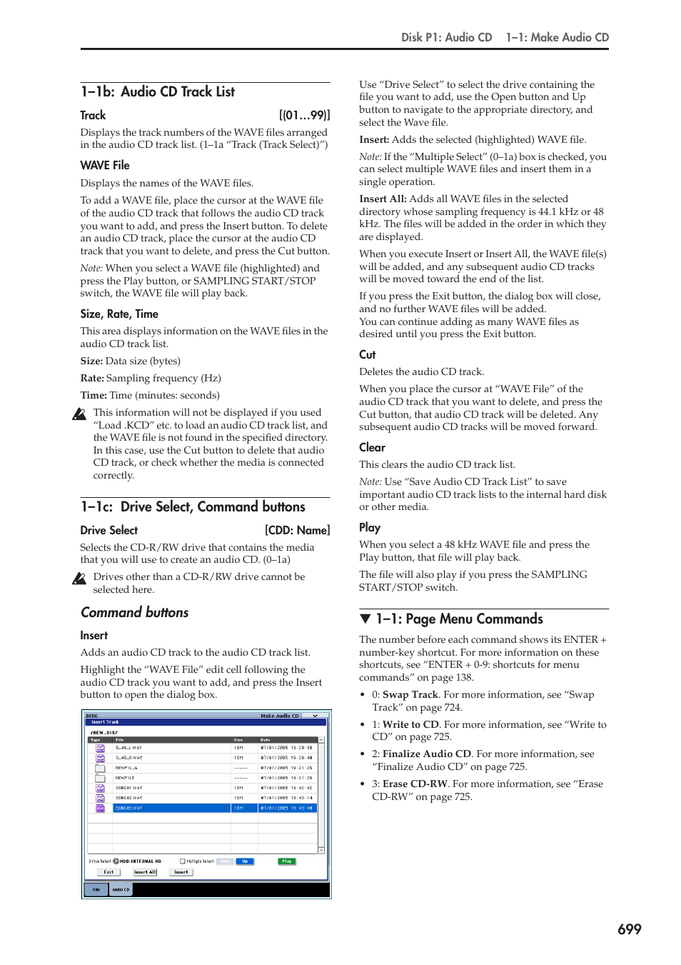 1b: audio cd track list, 1c: drive select, command buttons, 1–1c: drive select, command buttons | Command buttons, 1–1: page menu commands | KORG Electronic Keyboard User Manual | Page 709 / 1127