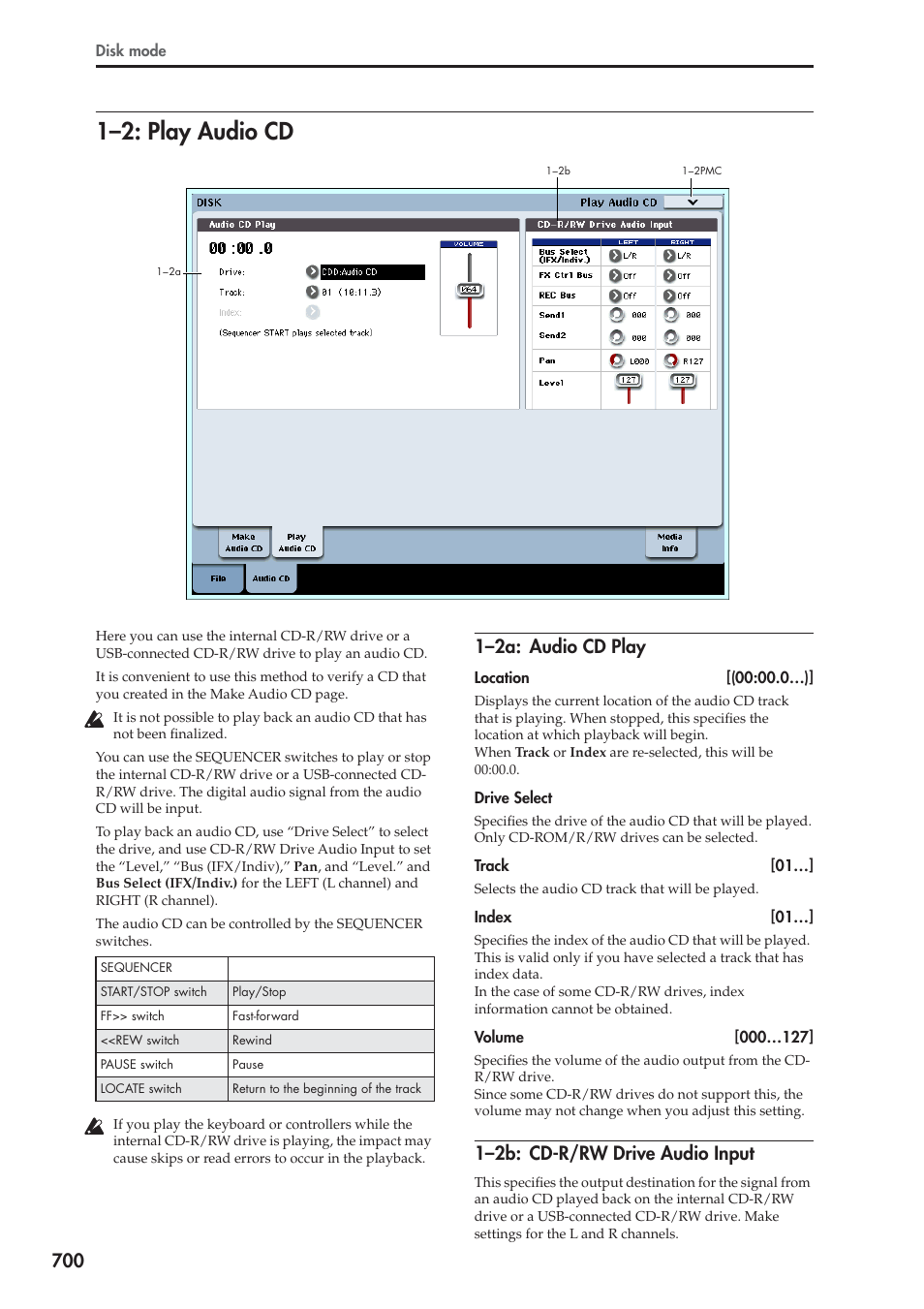 2: play audio cd, 2a: audio cd play, 2b: cd-r/rw drive audio input | 1–2: play audio cd, 1–2a: audio cd play, 1–2b: cd-r/rw drive audio input | KORG Electronic Keyboard User Manual | Page 710 / 1127