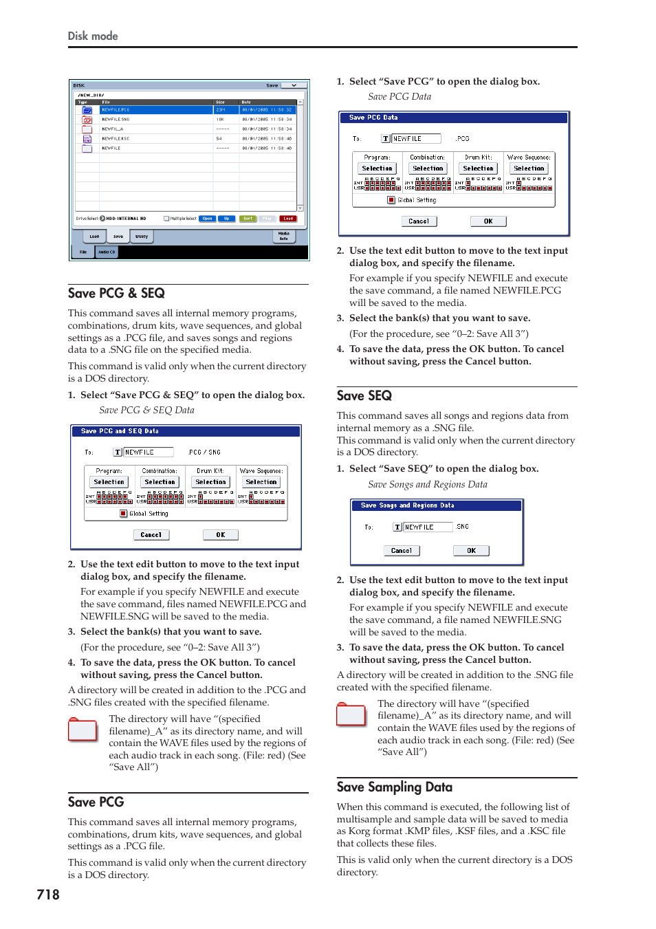 Save pcg & seq, Save pcg, Save seq | Save sampling data, For more information, see “save, For more information, see “save seq, 718 save pcg & seq | KORG Electronic Keyboard User Manual | Page 728 / 1127
