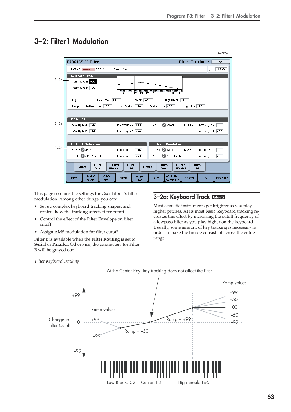 2: filter1 modulation, 2a: keyboard track, 3–2: filter1 modulation | 3–2a: keyboard track | KORG Electronic Keyboard User Manual | Page 73 / 1127