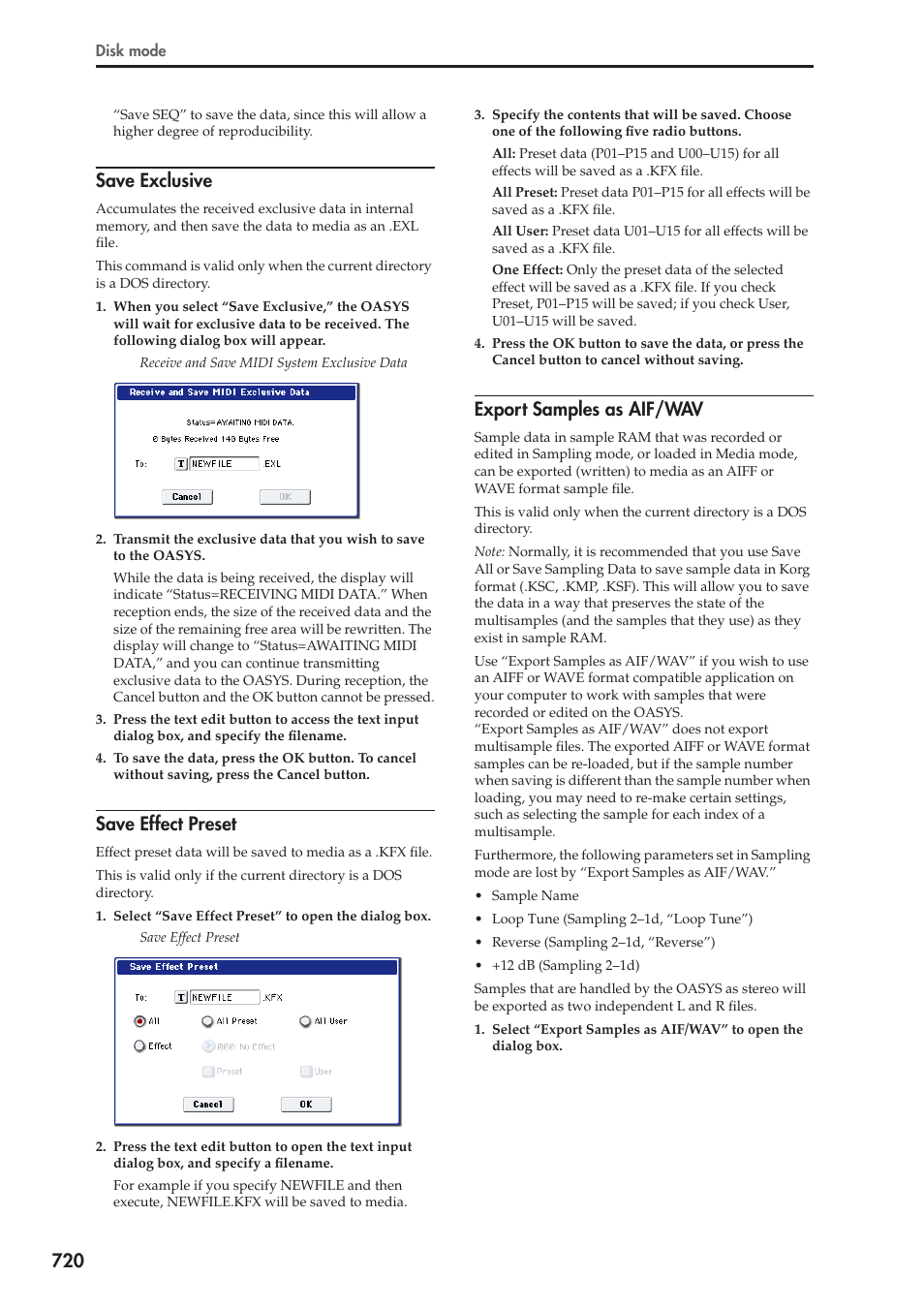 Save exclusive, Save effect preset, Export samples as aif/wav | For more information, see “save | KORG Electronic Keyboard User Manual | Page 730 / 1127