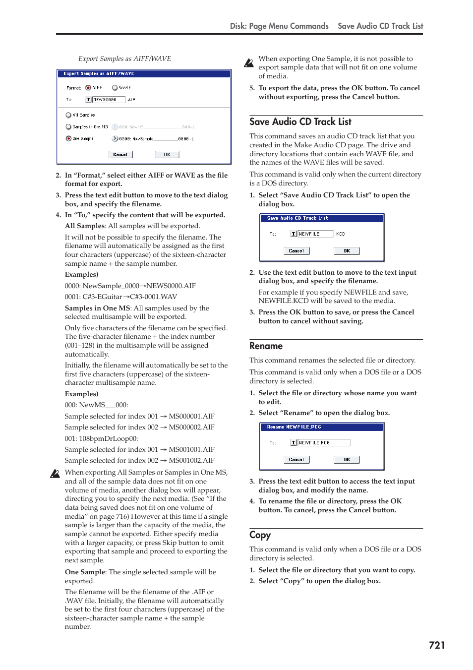 Save audio cd track list, Rename, Copy | For more information, see “rename” on, For more information, see “copy” on | KORG Electronic Keyboard User Manual | Page 731 / 1127