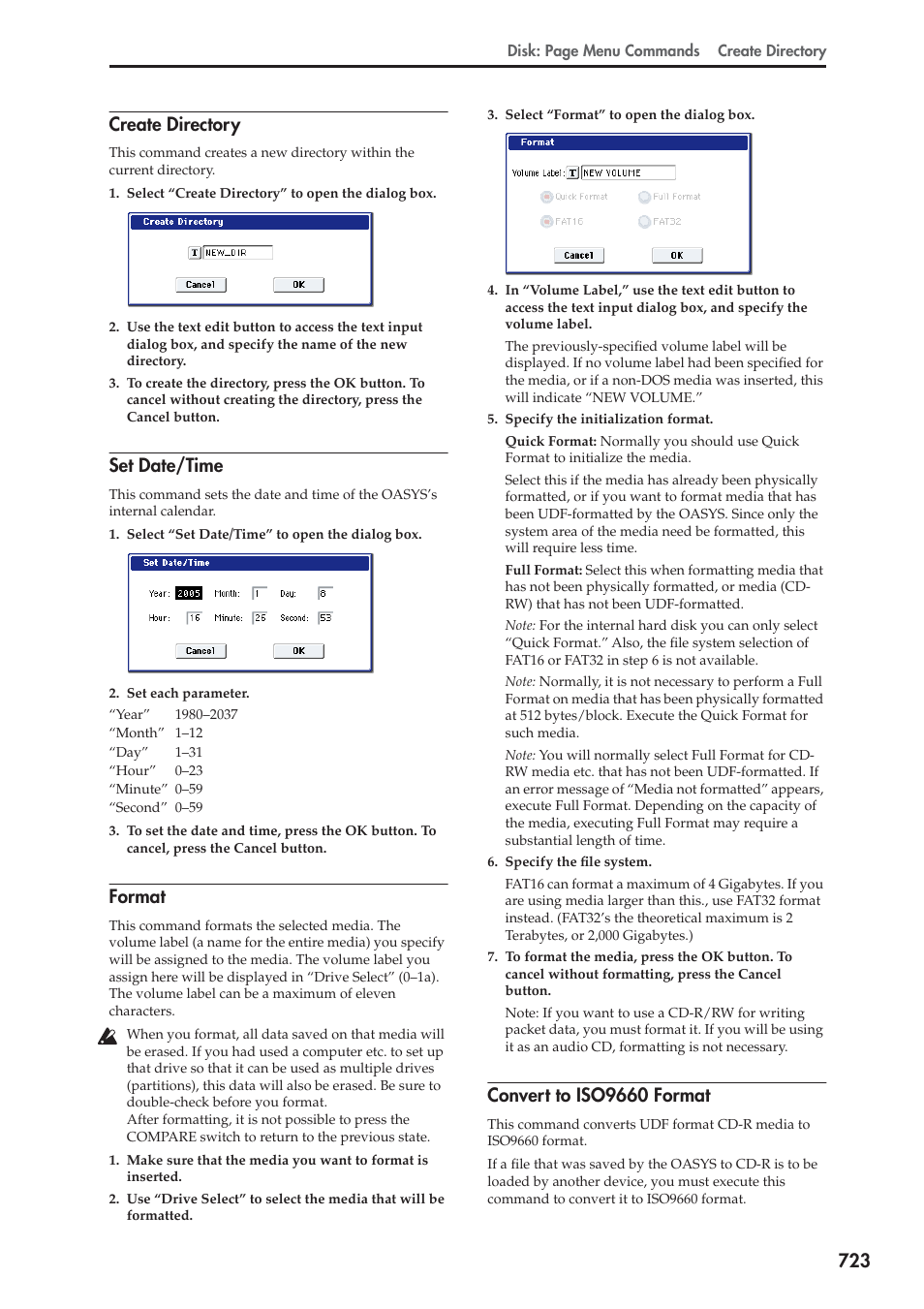 Create directory, Set date/time, Format | Convert to iso9660 format, For more information, see “set, For more information, see “format” on, 723 create directory | KORG Electronic Keyboard User Manual | Page 733 / 1127
