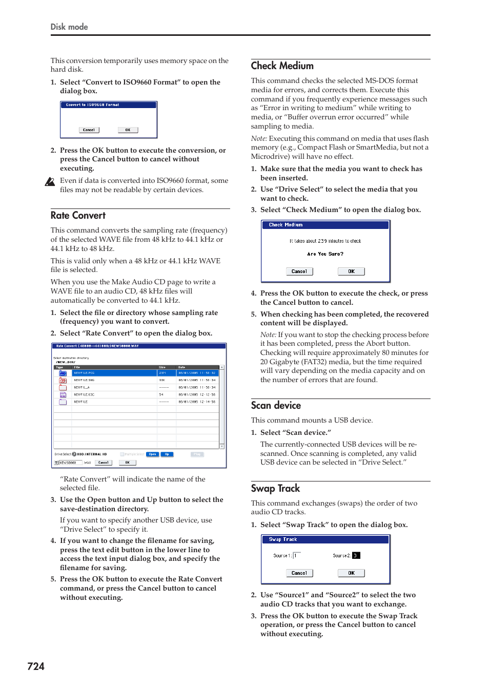 Rate convert, Check medium, Scan device | Swap track, For more information, see “rate, For more information, see “scan, For more information, see “swap | KORG Electronic Keyboard User Manual | Page 734 / 1127