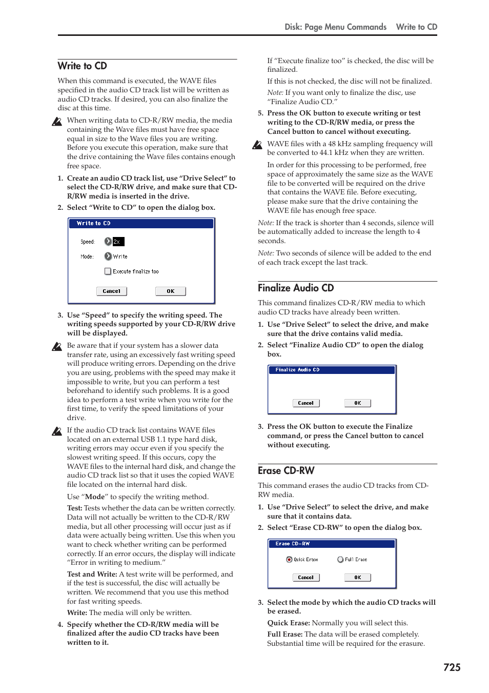 Write to cd, Finalize audio cd, Erase cd-rw | For more information, see “write to, For more information, see “erase, 725 write to cd | KORG Electronic Keyboard User Manual | Page 735 / 1127