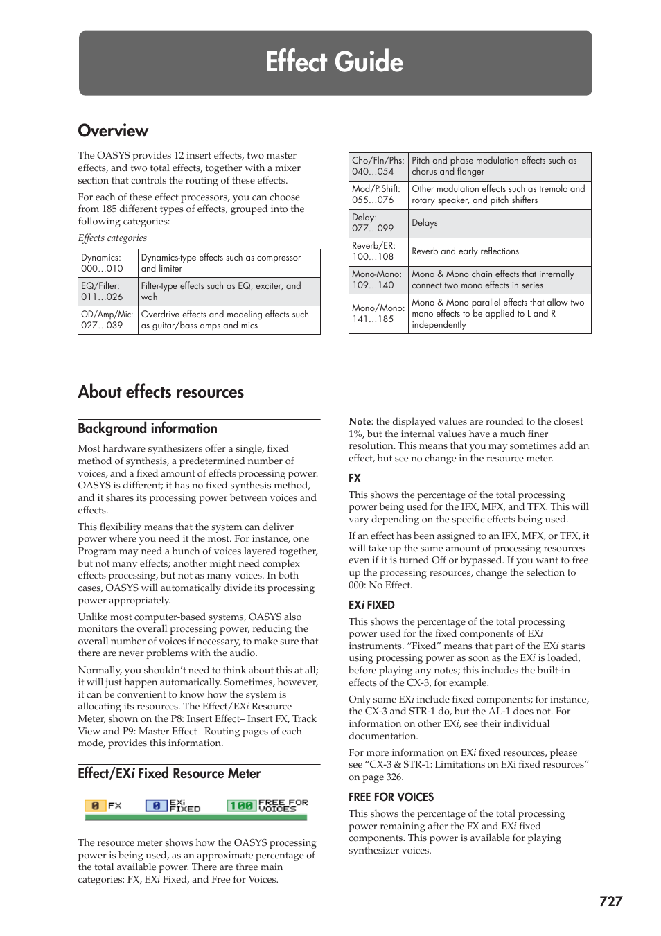 Effect guide, Overview, About effects resources | Background information, Effect/exi fixed resource meter, Effect guide,” beginning, Effect/ex i fixed resource meter | KORG Electronic Keyboard User Manual | Page 737 / 1127