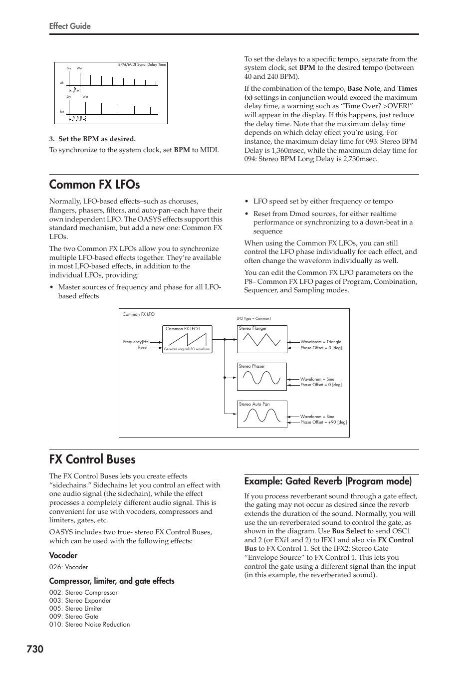 Common fx lfos, Fx control buses, Example: gated reverb (program mode) | Common fx lfos fx control buses, Effect guide, Vocoder, Compressor, limiter, and gate effects | KORG Electronic Keyboard User Manual | Page 740 / 1127