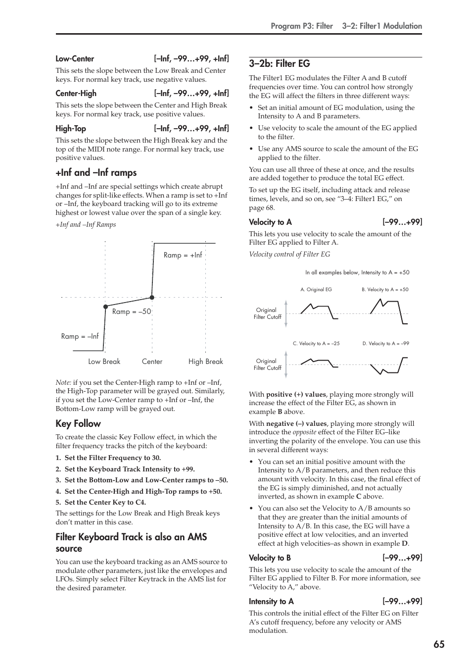 Inf and -inf ramps, Key follow, Filter keyboard track is also an ams source | 2b: filter eg, Inf and –inf ramps, 3–2b: filter eg | KORG Electronic Keyboard User Manual | Page 75 / 1127