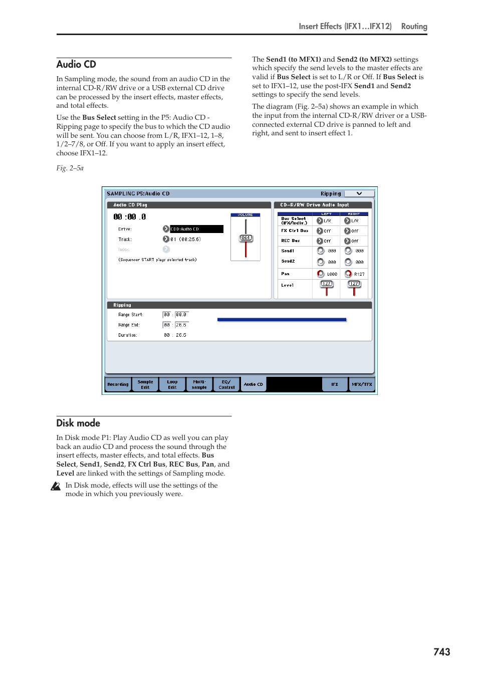 Audio cd, Disk mode, 743 audio cd | KORG Electronic Keyboard User Manual | Page 753 / 1127