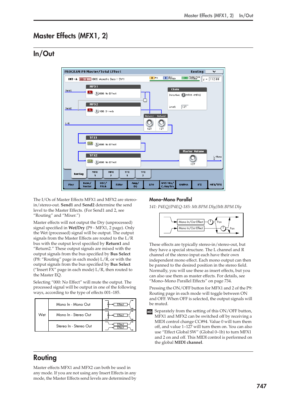 Master effects (mfx1, 2), In/out, Routing | In/out routing, Master effects (mfx1, 2) in/out | KORG Electronic Keyboard User Manual | Page 757 / 1127