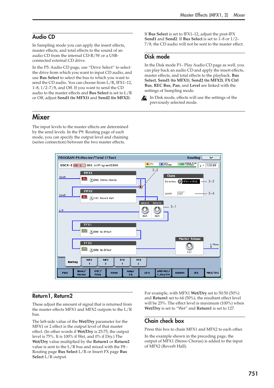 Audio cd, Disk mode, Mixer | Return1, return2, Chain check box, 751 audio cd | KORG Electronic Keyboard User Manual | Page 761 / 1127