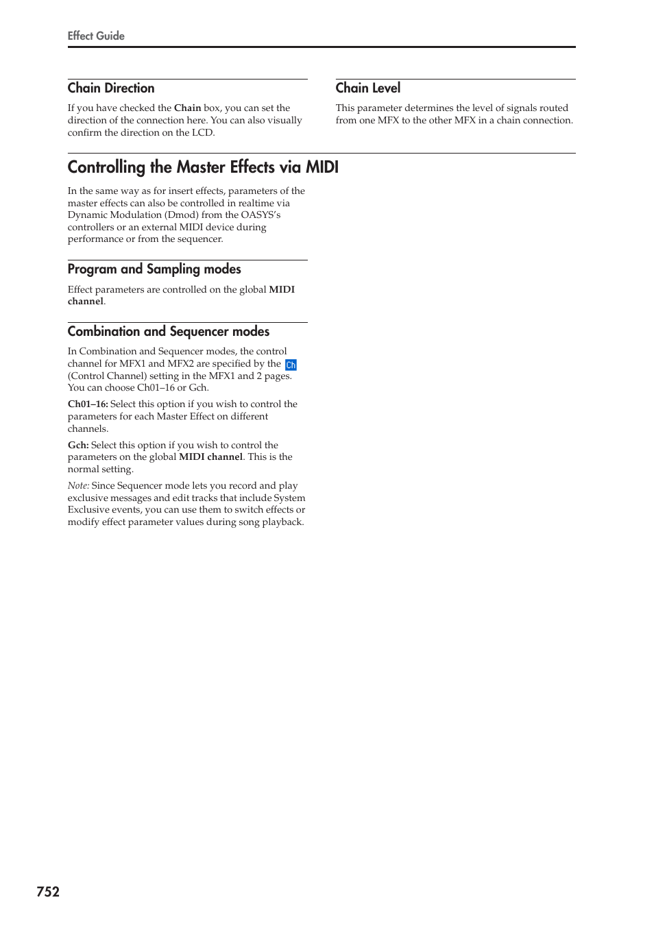 Chain direction, Chain level, Controlling the master effects via midi | Program and sampling modes, Combination and sequencer modes | KORG Electronic Keyboard User Manual | Page 762 / 1127