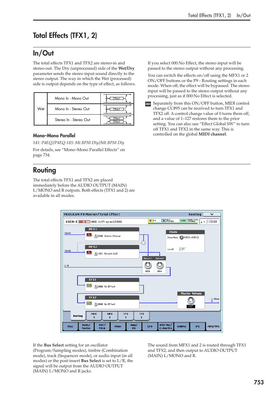 Total effects (tfx1, 2), In/out, Routing | In/out routing, Total effects (tfx1, 2) in/out | KORG Electronic Keyboard User Manual | Page 763 / 1127