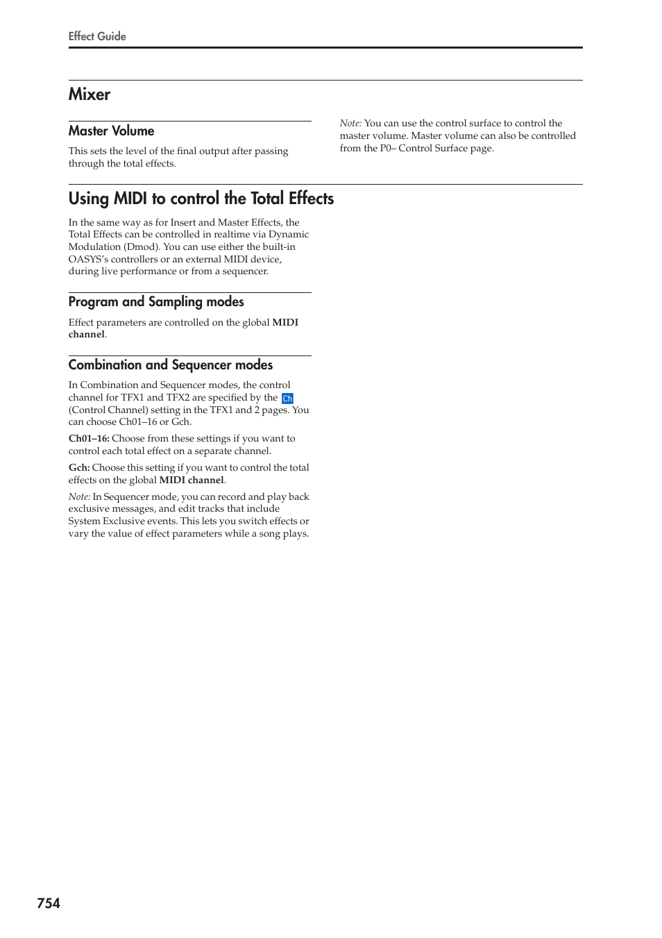 Mixer, Master volume, Using midi to control the total effects | Program and sampling modes, Combination and sequencer modes, Mixer using midi to control the total effects | KORG Electronic Keyboard User Manual | Page 764 / 1127