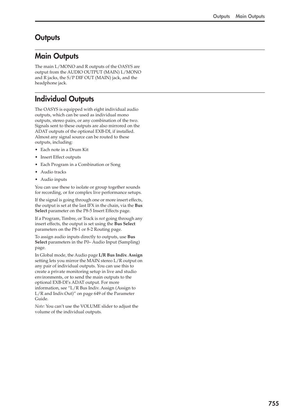 Outputs, Main outputs, Individual outputs | Main outputs individual outputs, Outputs main outputs | KORG Electronic Keyboard User Manual | Page 765 / 1127