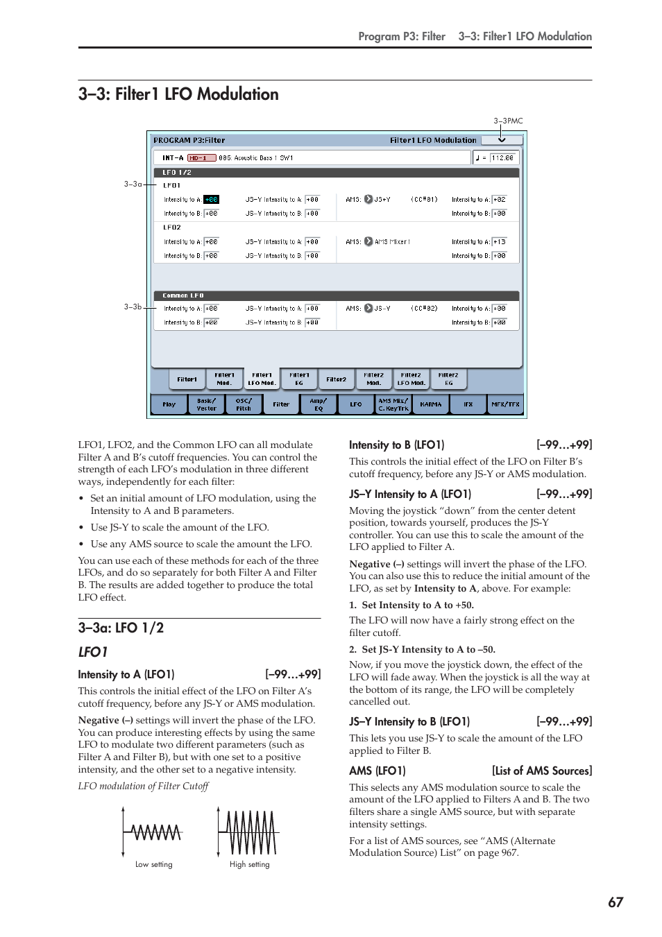 3: filter1 lfo modulation, 3a: lfo 1/2, 3–3: filter1 lfo modulation | KORG Electronic Keyboard User Manual | Page 77 / 1127