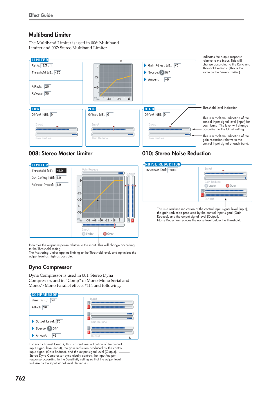 Multiband limiter, Stereo master limiter, Dyna compressor | Stereo noise reduction, 762 multiband limiter, Stereo master limiter dyna compressor | KORG Electronic Keyboard User Manual | Page 772 / 1127