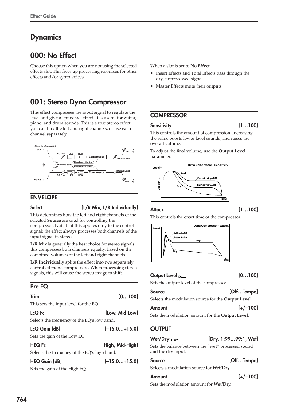 Dynamics, No effect, Stereo dyna compressor | Envelope, Pre eq, Compressor, Output, No effect 001: stereo dyna compressor, Stereo dyna compressor and ifx2: 048: ster, Dynamics 000: no effect | KORG Electronic Keyboard User Manual | Page 774 / 1127