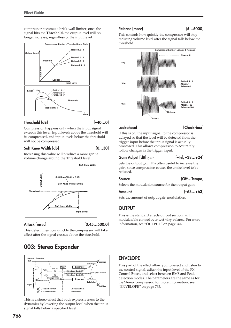 Output, Stereo expander, Envelope | Effect guide, Threshold [db] [–40…0, Soft knee width [db] [0…30, Lookahead [check-box, Gain adjust [db] [–inf, –38…+24, Source [off…tempo, Amount [–63…+63 | KORG Electronic Keyboard User Manual | Page 776 / 1127