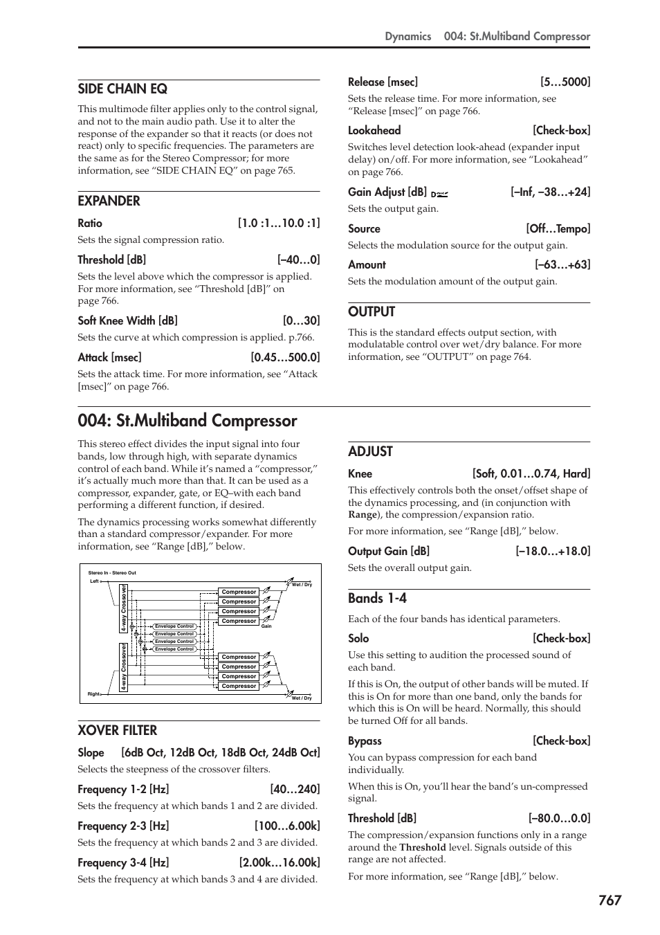 Side chain eq, Expander, Output | St.multiband compressor, Xover filter, Adjust, Bands 1-4, 767 side chain eq | KORG Electronic Keyboard User Manual | Page 777 / 1127