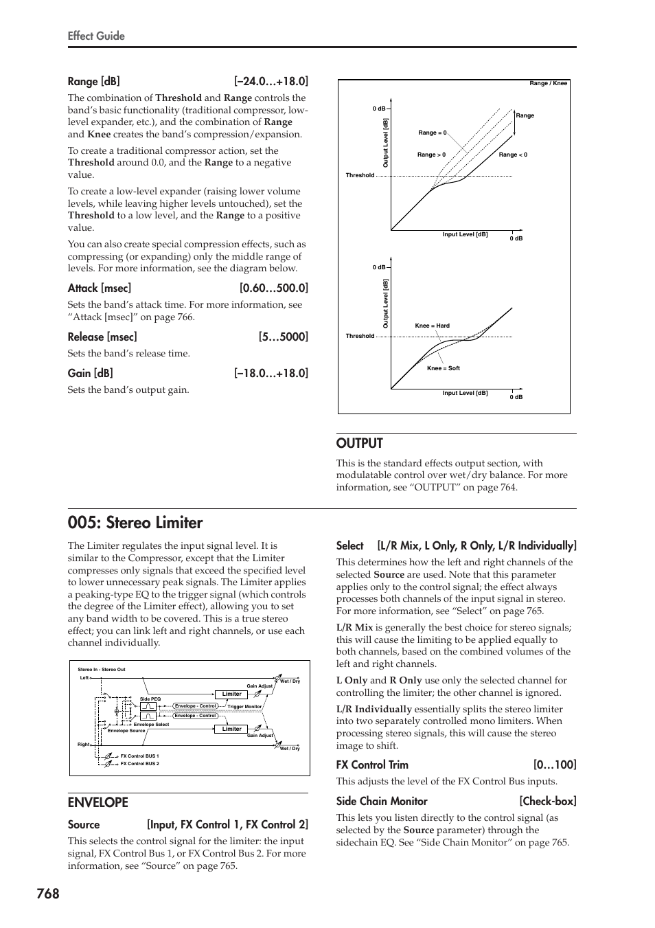 Output, Stereo limiter, Envelope | Information, see “range [db],” below, E information, see “range [db],” below, Effect guide, Source [input, fx control 1, fx control 2, Select [l/r mix, l only, r only, l/r individually, Fx control trim [0…100, Side chain monitor [check-box | KORG Electronic Keyboard User Manual | Page 778 / 1127