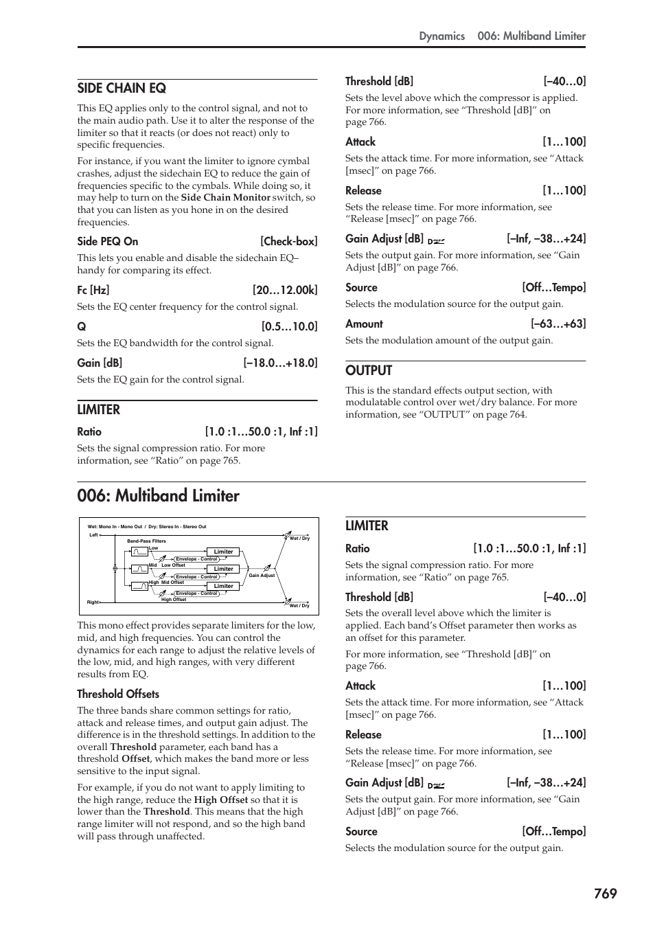 Side chain eq, Limiter, Output | Multiband limiter, 769 side chain eq | KORG Electronic Keyboard User Manual | Page 779 / 1127