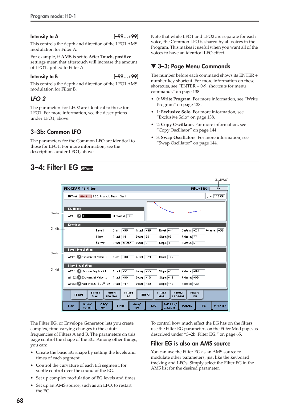 3b: common lfo, 4: filter1 eg, Filter eg is also an ams source | 3–4: filter1 eg, Lfo 2, 3–3b: common lfo, 3–3: page menu commands | KORG Electronic Keyboard User Manual | Page 78 / 1127