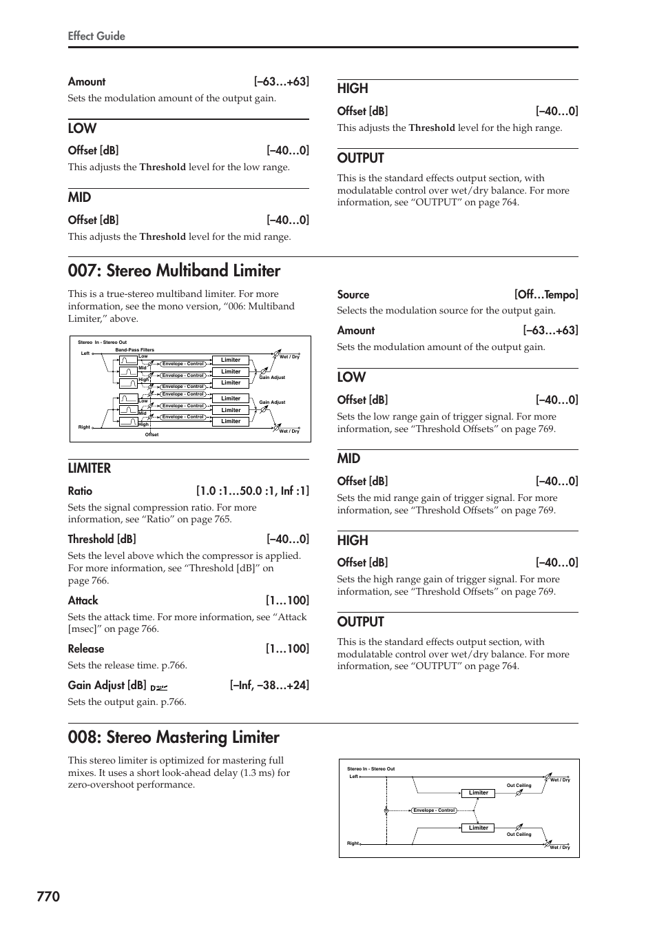 High, Output, Stereo multiband limiter | Limiter, Stereo mastering limiter, Effect guide, Amount [–63…+63, Offset [db] [–40…0, Threshold [db] [–40…0, Attack [1…100 | KORG Electronic Keyboard User Manual | Page 780 / 1127