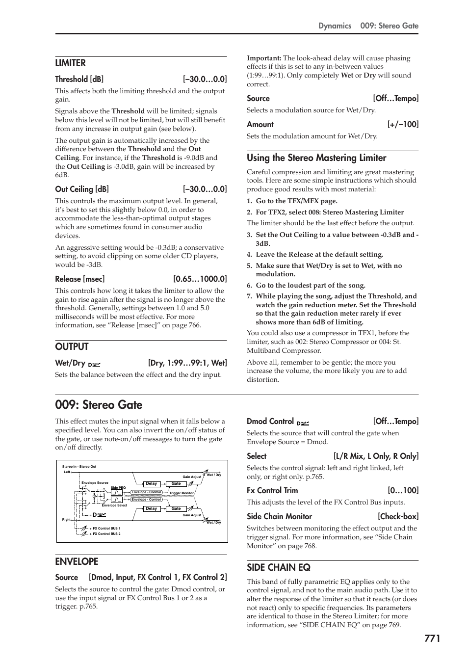 Limiter, Output, Using the stereo mastering limiter | Stereo gate, Envelope, Side chain eq, 771 limiter | KORG Electronic Keyboard User Manual | Page 781 / 1127