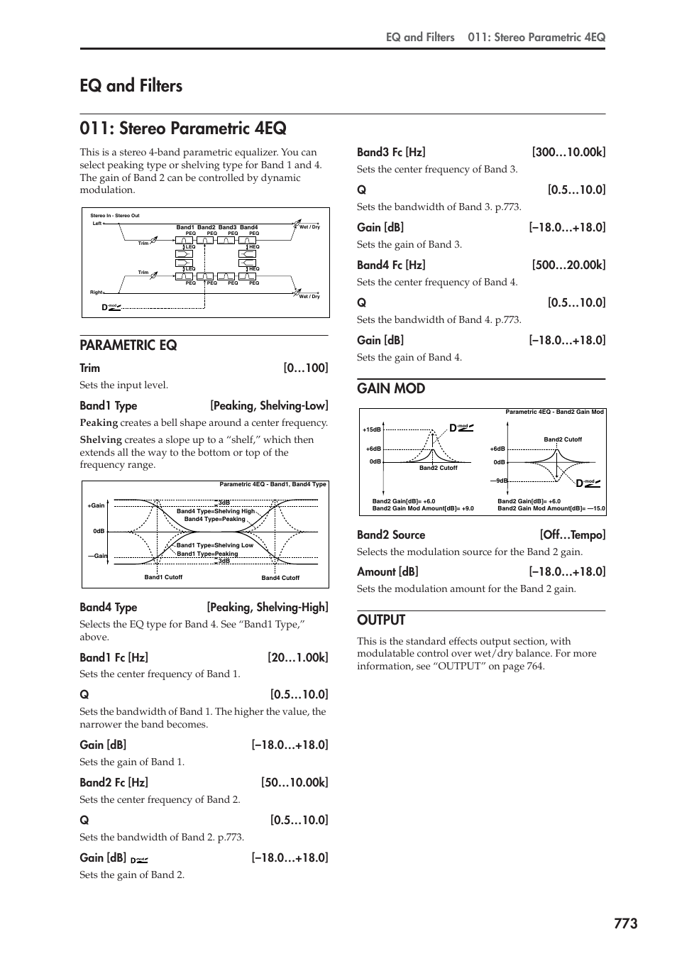 Eq and filters, Stereo parametric 4eq, Parametric eq | Gain mod, Output, Eq and filters 011: stereo parametric 4eq, Trim [0…100, Band1 type [peaking, shelving-low, Band4 type [peaking, shelving-high, Band2 source [off…tempo | KORG Electronic Keyboard User Manual | Page 783 / 1127