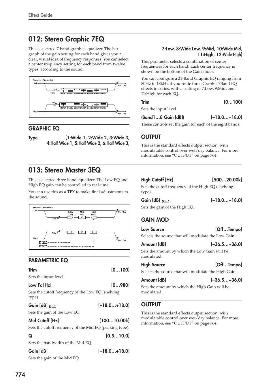 Stereo graphic 7eq, Graphic eq, Output | Stereo master 3eq, Parametric eq, Gain mod, Stereo graphic 7eq 013: stereo master 3eq | KORG Electronic Keyboard User Manual | Page 784 / 1127