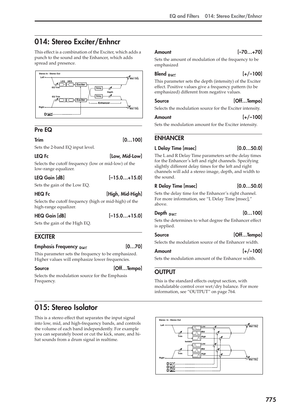 Stereo exciter/enhncr, Pre eq, Exciter | Enhancer, Output, Stereo isolator, Stereo exciter/enhncr 015: stereo isolator, Eq and filters 014: stereo exciter/enhncr, Trim [0…100, Leq fc [low, mid-low | KORG Electronic Keyboard User Manual | Page 785 / 1127