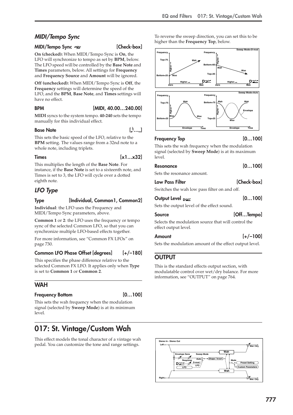 Output, St. vintage/custom wah, 777 midi/tempo sync | Lfo type, Eq and filters 017: st. vintage/custom wah, Midi/tempo sync [check-box, Times [x1…x32, Type [individual, common1, common2, Common lfo phase offset [degrees] [+/–180, Frequency bottom [0…100 | KORG Electronic Keyboard User Manual | Page 787 / 1127