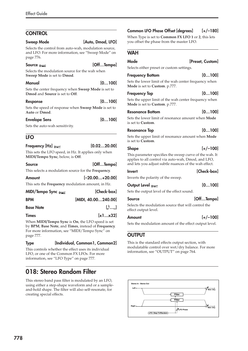 Control, Output, Stereo random filter | 778 control | KORG Electronic Keyboard User Manual | Page 788 / 1127